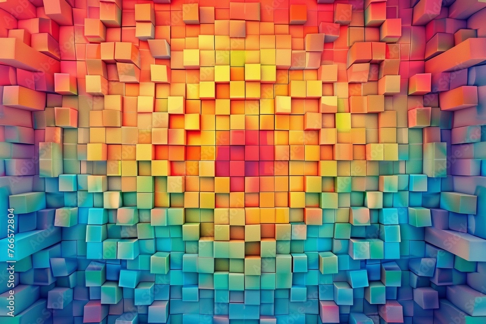 Fototapeta premium Colorful orange, blue, green, yellow, pink, purple, red gradient cubes arranged in an abstract background, creating a vibrant and dynamic pattern