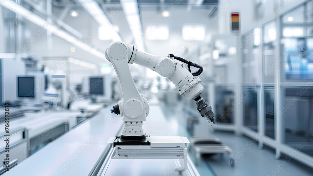 robot arm in white modern factory, white room robot arm in white modern factory, white room