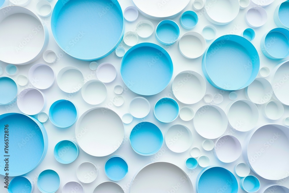 Abstract background with blue and white circles and paper cut out shapes on a white background