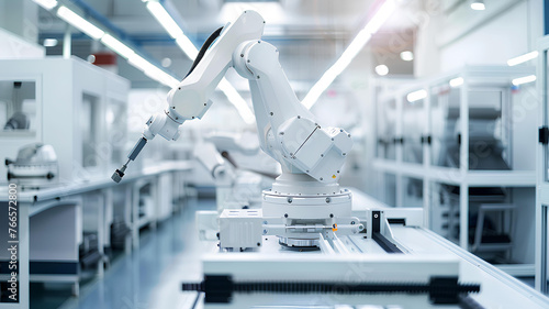 robot arm in white modern factory, white room