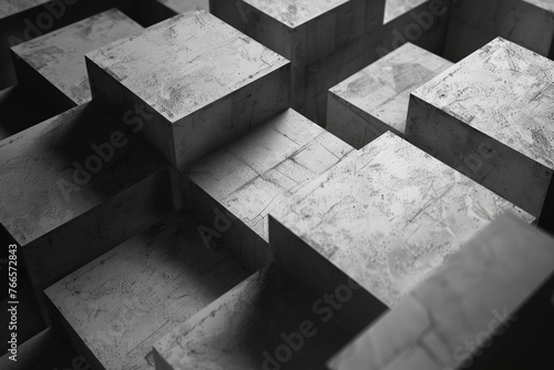 Monochrome abstract background with concrete cubes and blocks  high angle view