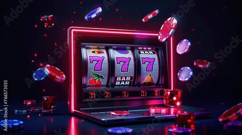 the slot machine screen displays a winning triple seven surrounded by a flurry of casino chips and dice.
