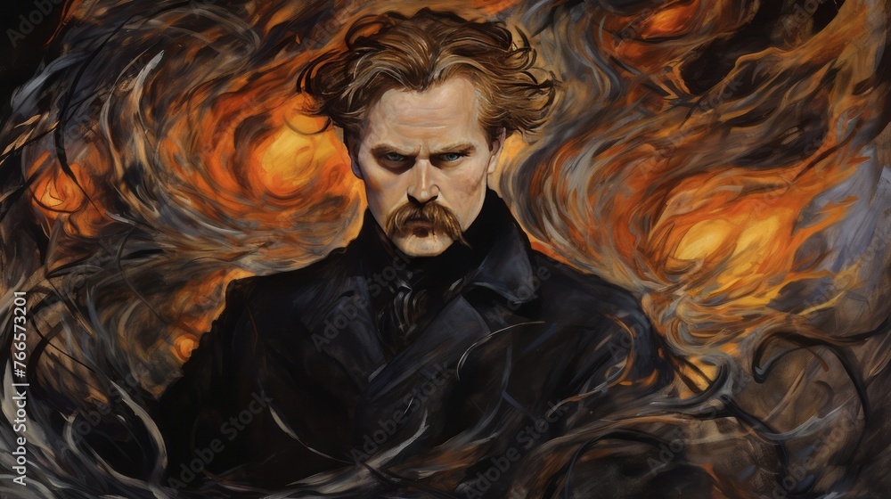 A man with a mustache and a black coat is standing in front of a fire ...