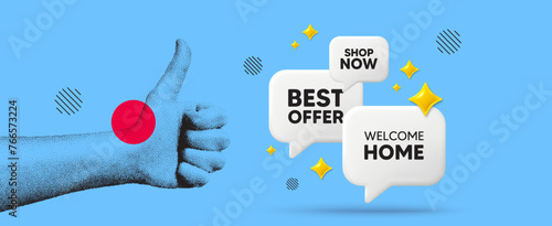 Hand showing thumb up like sign. Welcome home tag. Home invitation offer. Hello guests message. Welcome home chat 3d speech bubble. Grain dots hand. Like thumb up sign. Shop now. Vector