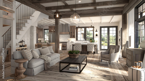 modern farmhouse living room with fireplace, interior, room, table, kitchen, chair, home, furniture, design, dining, house, chairs, wood, floor, luxury, decor, dining room, architecture