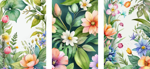 Set of three floral watercolor background templates with flowers.