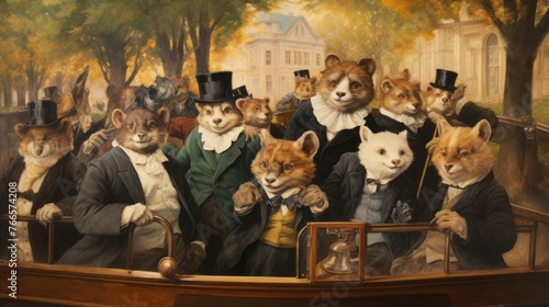 A painting of a group of cats dressed in formal wear, including top hats and tails, riding in a carriage