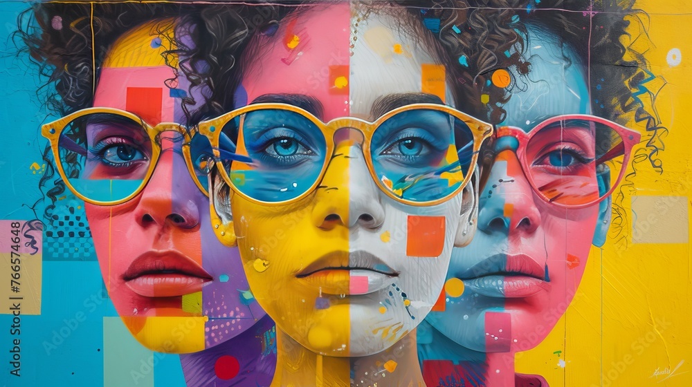 Obraz premium Striking street art mural of vibrant, stylized faces with oversized spectacles, reflecting a fusion of urban culture and bold artistic expression.