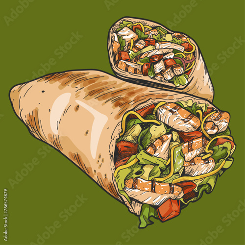 Cut shawarma. Large cut Doner kebab. Fast food illustration.