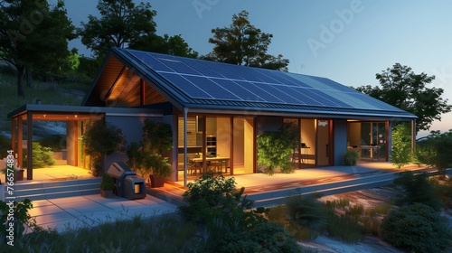 Eco-Sustainable Living: Ultra-Modern Home Equipped with High-Efficiency Solar Panels and a State-of-the-Art Heat Pump.