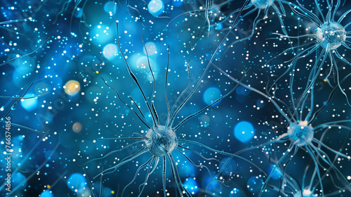 Neural Network Illumination. Close-up view of intricate brain neurons against a deep blue background. Dopamine production