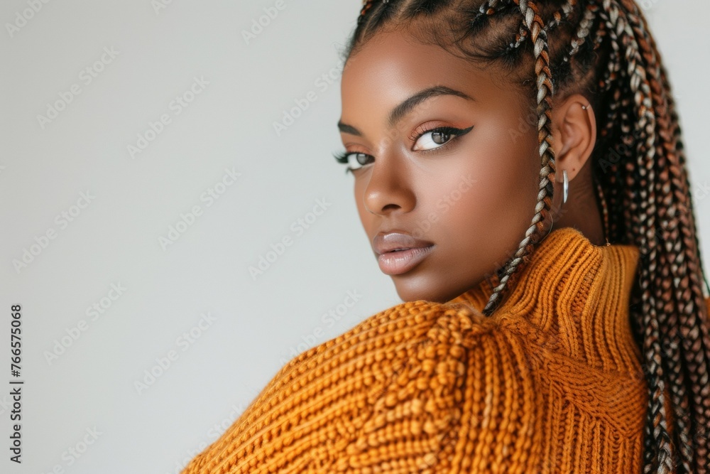 A woman with long dreadlocks and a gold sweater A woman with long dreadlocks and a gold sweater