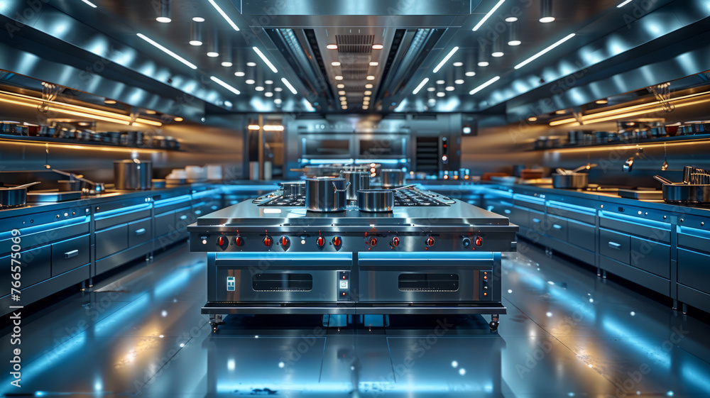 Fototapeta premium State-of-the-art catering kitchen: AI-driven, connected, automated.generative ai