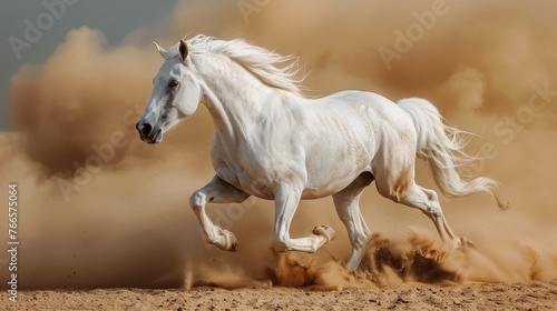 White Horse Running in Desert Dust © yganko