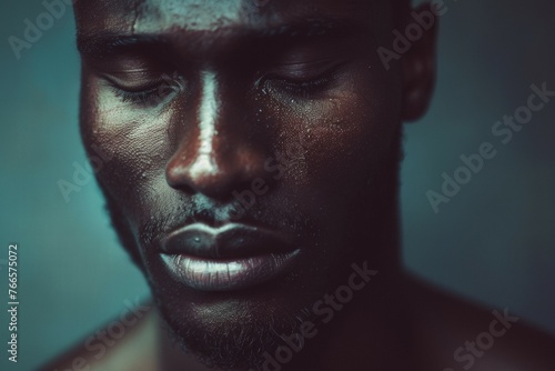 A man with a beard and a dark face is looking at the camera