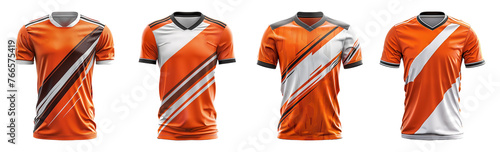 set of orange sports t-shirts with black and white abstract patterns front view, generative ai