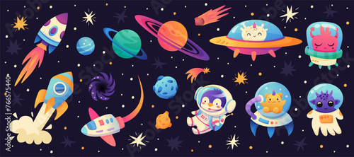Space cartoon set with astronaut penguin, Aliens, Spacecraft, Planets on space background. Galaxy Adventure. Vector illustration.