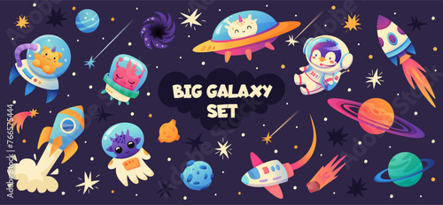 Space cartoon set with astronaut penguin, Aliens, Spacecraft, Planets on space background. Galaxy Adventure. Vector illustration.