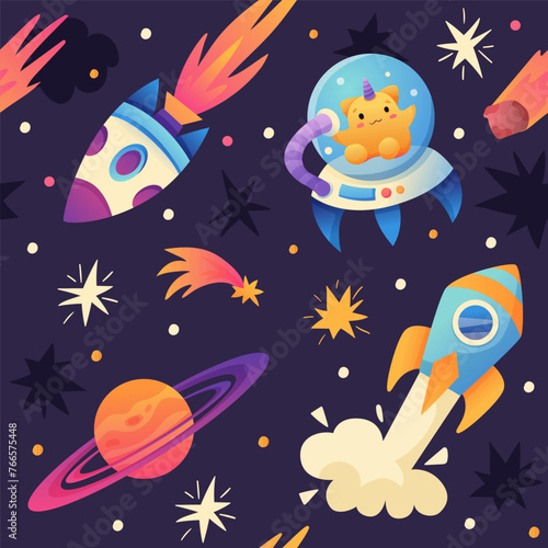 Fototapeta Naklejka Na Ścianę i Meble -  Space cartoon set with astronaut penguin, Aliens, Spacecraft, Planets on space background. Galaxy Adventure. Vector illustration.