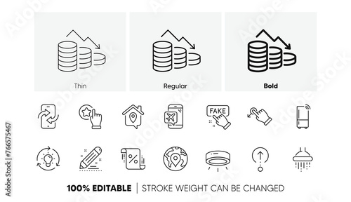 Led lamp, Shower and Work home line icons. Pack of Swipe up, Loan percent, Refrigerator icon. Money loss, Rate button, Drag drop pictogram. Idea, Brand contract, Phone transfer. Pin. Vector