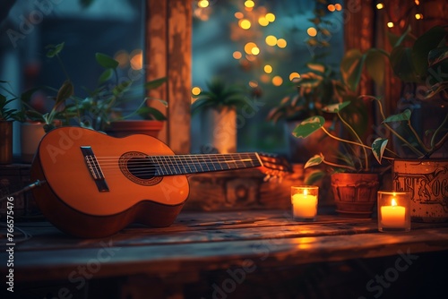 Acoustic Guitar Among Candles and String Lights photo