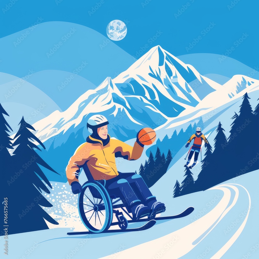 A vibrant illustration of a wheelchair basketball player on a snowy mountain trail with a skier in the background, under a bright moon