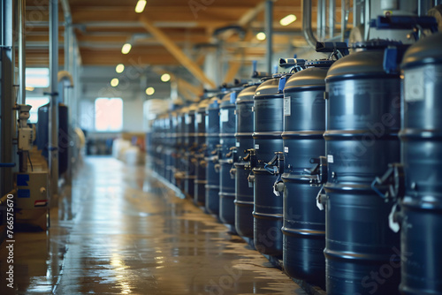 Stainless steel milk storage tanks in dairy factory photo