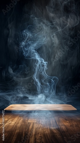 For a product display that exudes class, this image presents an empty wooden table with a smooth, reflective finish, over which smoke curls languidly 