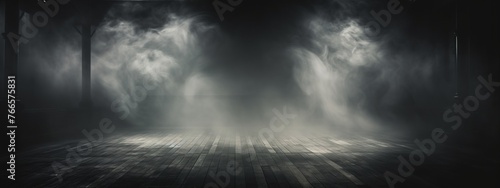 Empty dark room with smoke and fog on the floor. Studio room with smoke float up for product display.