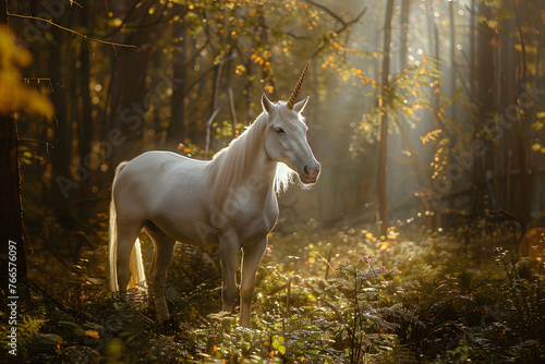 A beautiful unicorn in a magical forest in golden hour. © Bluesky images