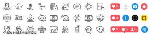 Cloud storage, Sun energy and Calculator line icons pack. Social media icons. Crowdfunding, Cardio training, Sharing economy web icon. Global business, Scroll down, Auction pictogram. Vector
