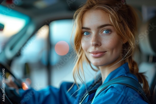 Woman smiling in electric blue luxury car, showcasing eyebrows and eyelashes © Raptecstudio