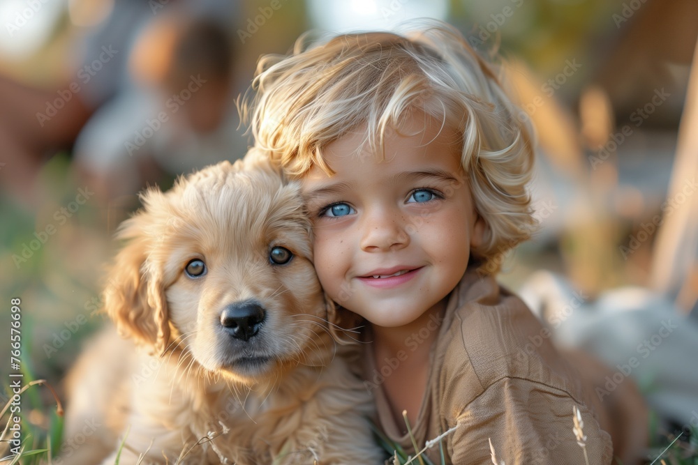 Blond toddler smiles while hugging happy carnivore companion dog in the grass