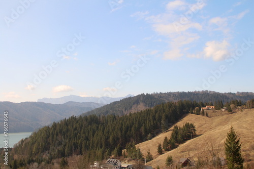 A landscape with trees and a building