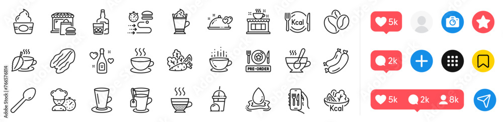 Restaurant app, Coffee beans and Teacup line icons pack. Social media icons. Ice cream, Cafe creme, Whiskey glass web icon. Coffee shop, Chef, Ice cream milkshake pictogram. Vector