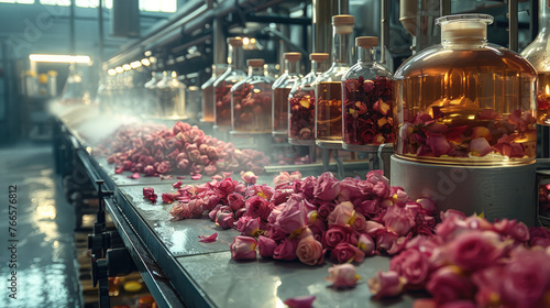 A perfume factory, with several water distillers, various rose petals in a large glassware. Generative AI. photo