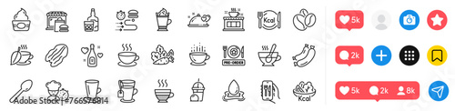 Restaurant app, Coffee beans and Teacup line icons pack. Social media icons. Ice cream, Cafe creme, Whiskey glass web icon. Coffee shop, Chef, Ice cream milkshake pictogram. Vector