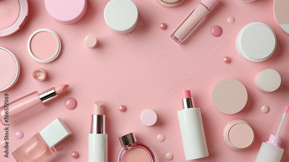many cosmetics products for makeup on pink background many cosmetics products for makeup on pink background