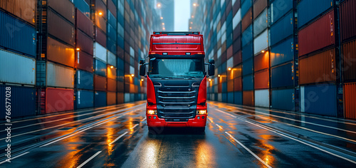 Truck drives along the road in a cargo seaport, along rows of containers for transporting goods.