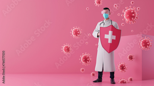 Doctor with a shield in his hands on a pink background, protection against viruses. Illustration on a medical theme.