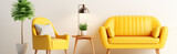 collection of yellow modern furniture items including a sofa, planter, table, lamp isolated on a transparent background for interior design