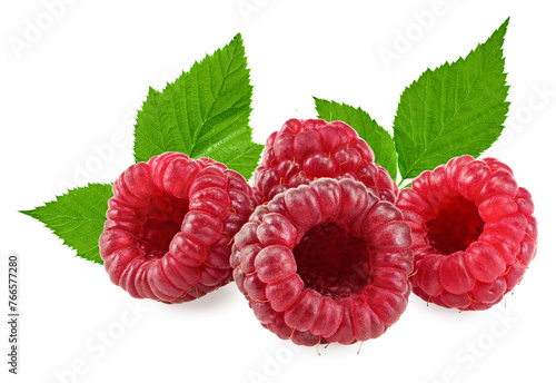 ripe raspberries with green leaves isolated on white background. clipping path