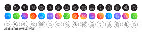 Myopia, Qr code and Card line icons. Round icon gradient buttons. Pack of Freezing, Gift, Star icon. Freezing water, Copyright locker, Food pictogram. Brainstorming, Video conference, Crown. Vector