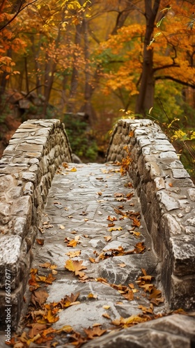 Rustic Charm: Vintage Stone Bridge Amidst Autumn Foliage with Copy Space.