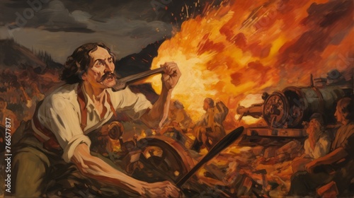 A man is holding a sword and is about to attack a cannon. The scene is set in a battlefield with a group of people around him. Scene is intense and dramatic