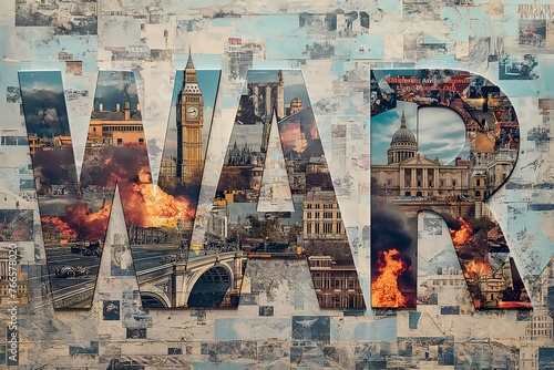 A collage showcasing the word war written in various languages, representing conflict and discord.