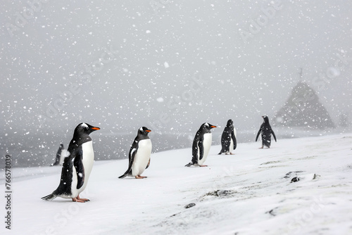 Gentoo penguins walking in a group across a snow-covered field on Booth Island.