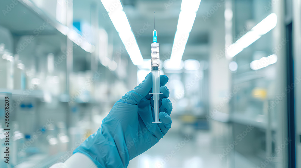 doctor holds a syringe on white blurred laboratory background doctor holds a syringe on white blurred laboratory background