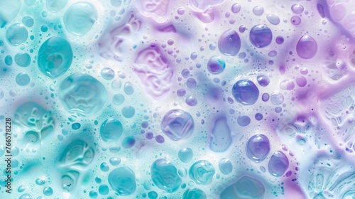 A bubbly, foamy texture background with a whimsical feel in shades of turquoise and purple. © Vika
