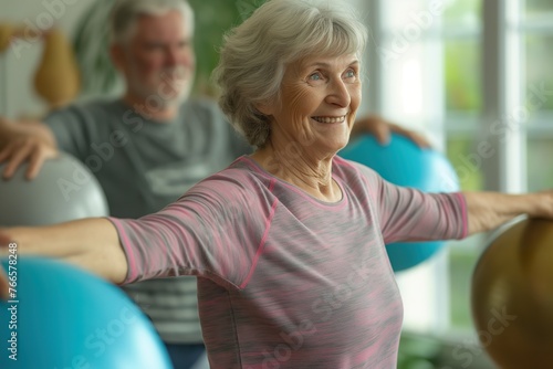 An older woman is engaged in exercise  while a man can be seen in the background.